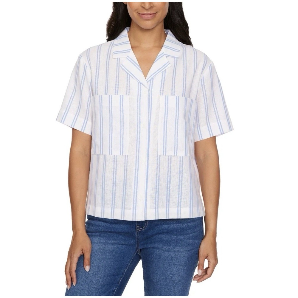 NEW Buffalo David Bitton Linen Blend Short Sleeve Utility Top White Striped Sz L
